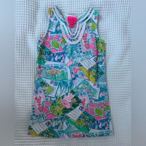 Lilly Pulitzer girls Harper Shift Dress. Size Small 4/5. Wish you were here.